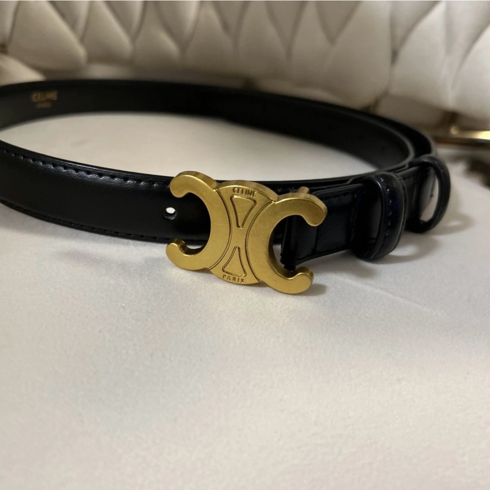 Celine Triomphe Gold Buckle Black Leather Belt